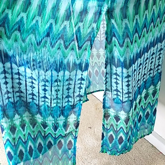 Sundress maxi blue green ruffle lined top slits adj straps elastic waist 1X - Picture 7 of 11